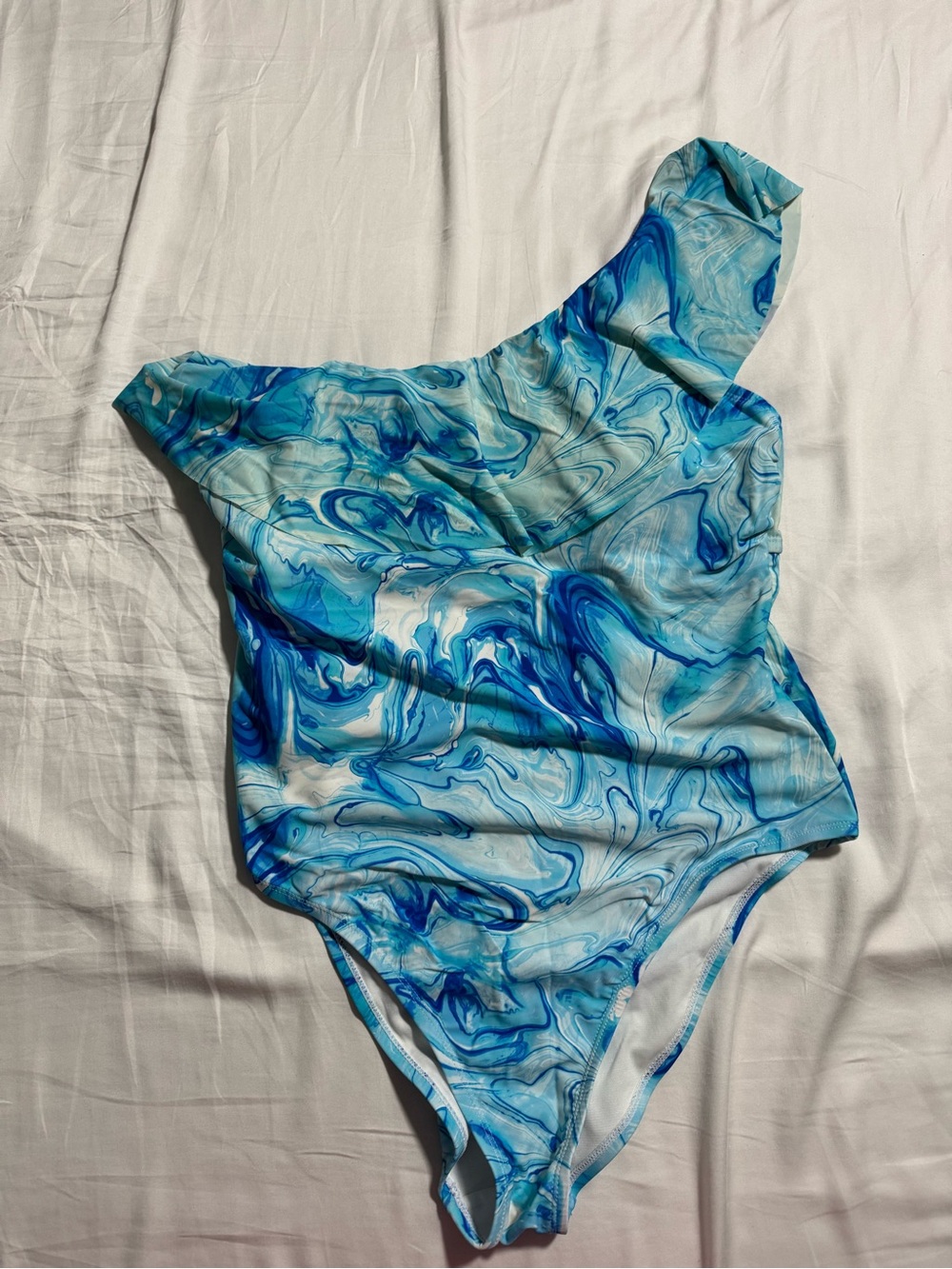 One-Piece Swimsuit in Blue Marble Print - One-Shoulder